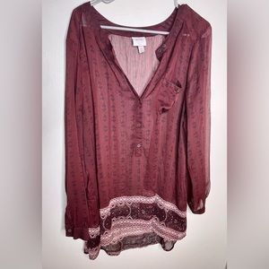KNOX ROSE SHEER PRINTED BLOUSE| Size 2X| Burgundy